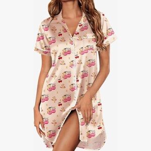 Charming Pink teddy cherry Print Nightshirt